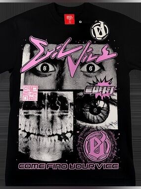 EVIL VICE Black Graphic Tee with Pink Accents